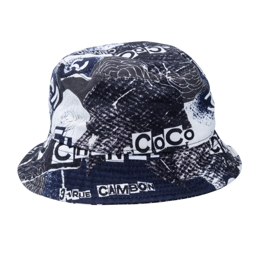 CHANEL COTTON COCO PRINT BUCKET HAT M NAVY BLACK WHITE